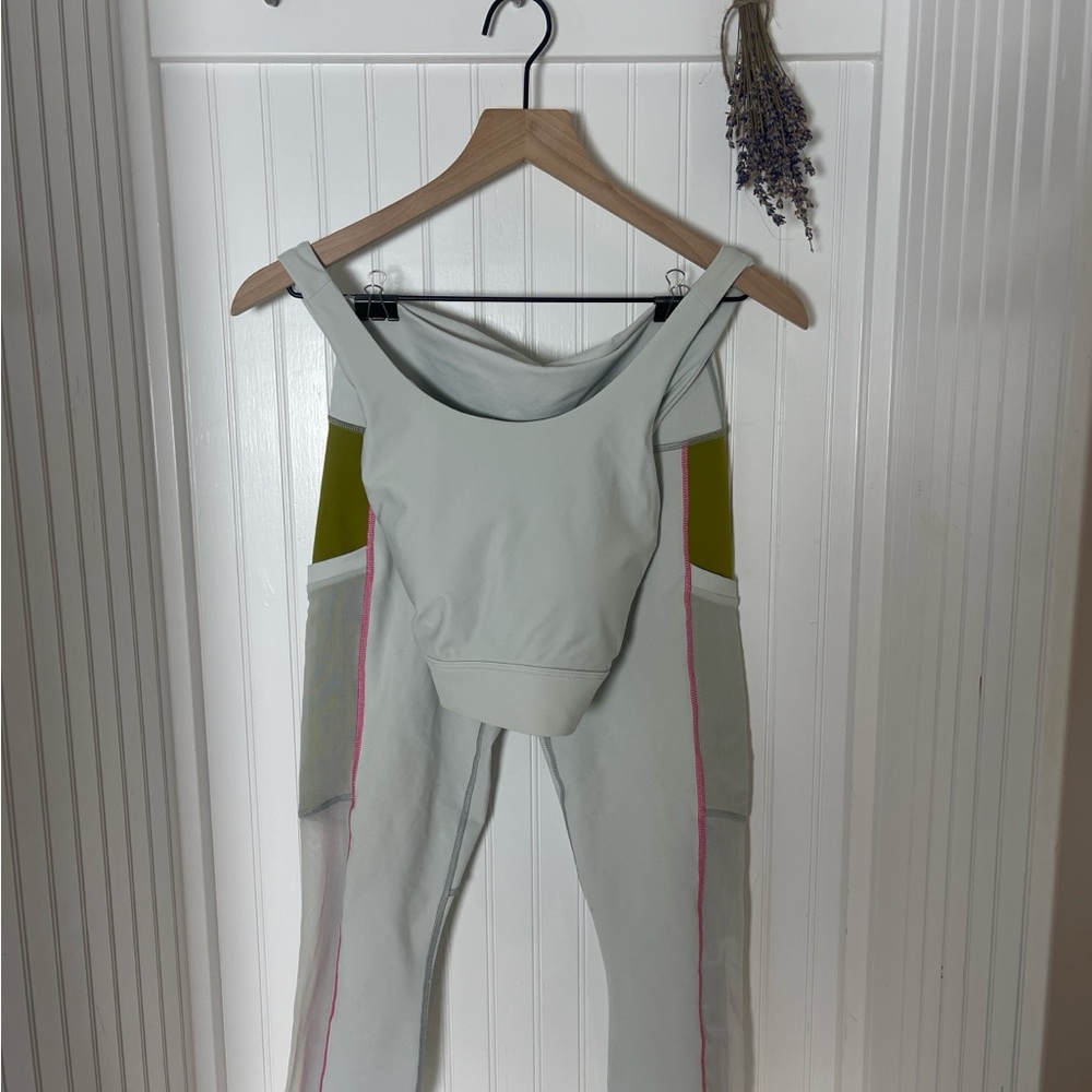 Stylish sea foam green with Pink Accents Fabletics workout set